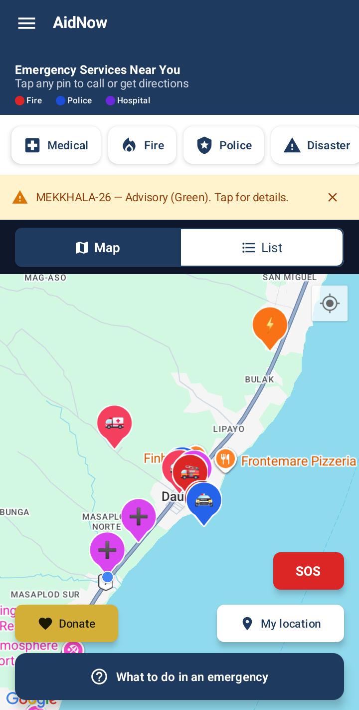 AidNow home screen with emergency services pinned on a map of Dauin