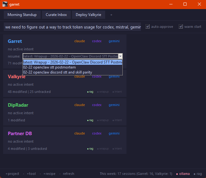 The Garret Launcher — four project cards, recipe buttons, wrapup resume dropdown, and health indicators
